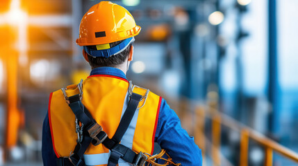 technician in safety gear stands in industrial setting, showcasing importance of safety in workplace. bright orange helmet and reflective vest highlight focus on safety protocols