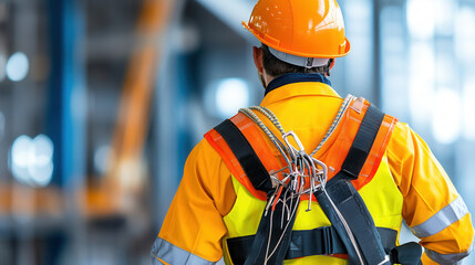 technician in safety gear stands confidently, ready for work in industrial environment. bright orange and yellow attire highlights safety and professionalism