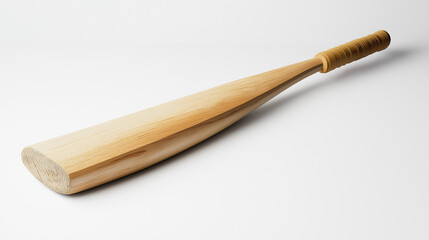 Naklejka premium A wooden cricket bat with a brown grip lies on a white background,copy space