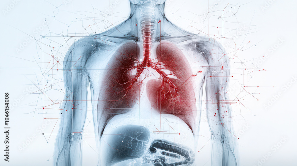 Poster x ray of chest anatomy showing detailed lung structure and blood vessels highlighted in red, illustr