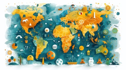 A colorful illustration of the world map with various icons representing different cultures and countries.