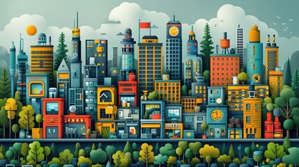 Obraz premium A colorful illustration of a city skyline with tall buildings, trees, and a blue sky.