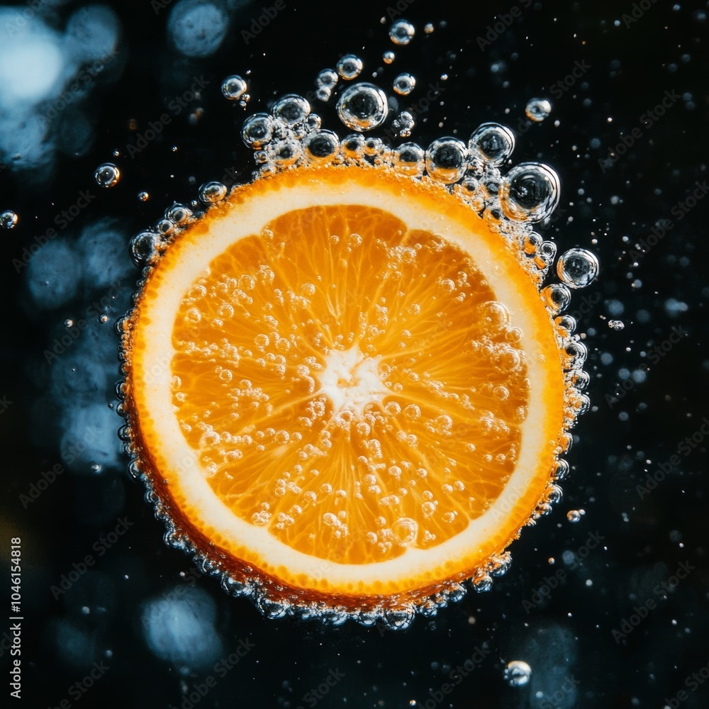 Poster a single orange slice floating in water with bubbles surrounding it, capturing the effervescent fres