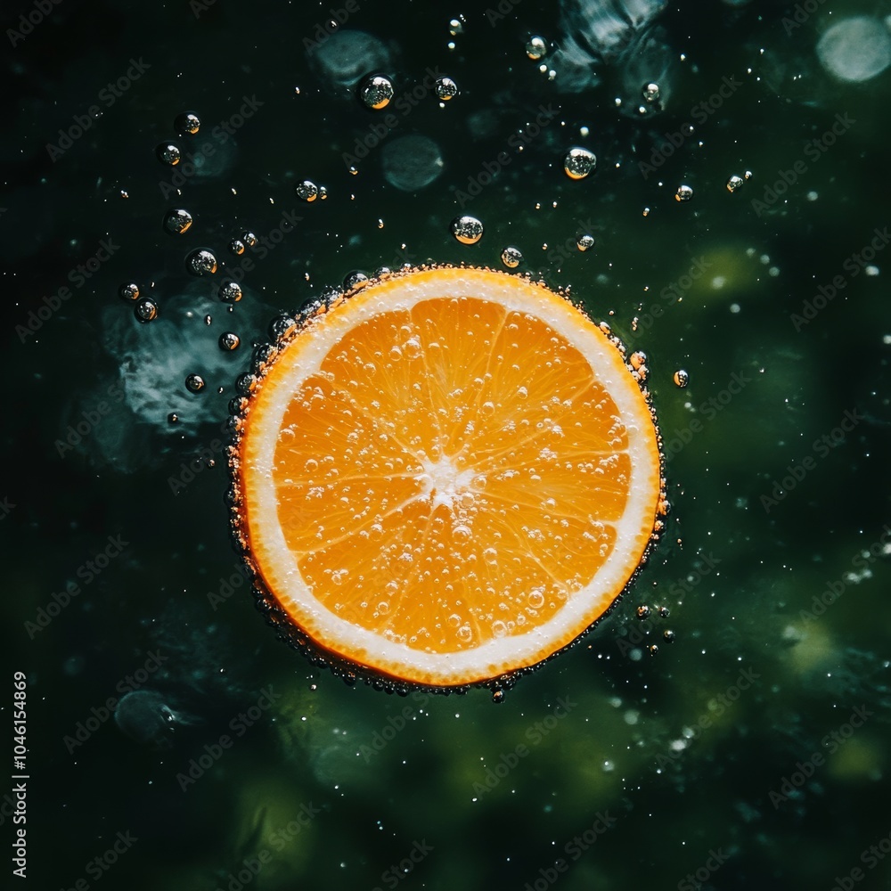 Poster a single orange slice floating in water with bubbles surrounding it, capturing the effervescent fres