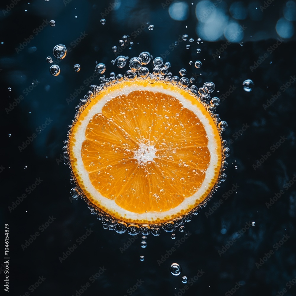 Poster a single orange slice floating in water with bubbles surrounding it, capturing the effervescent fres