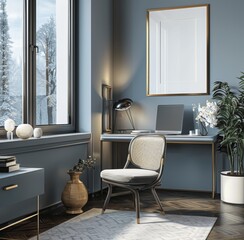 Modern Home Office with Desk and Chair in Grey Blue Tones, Window, and Mockup Poster Frame on Wall
