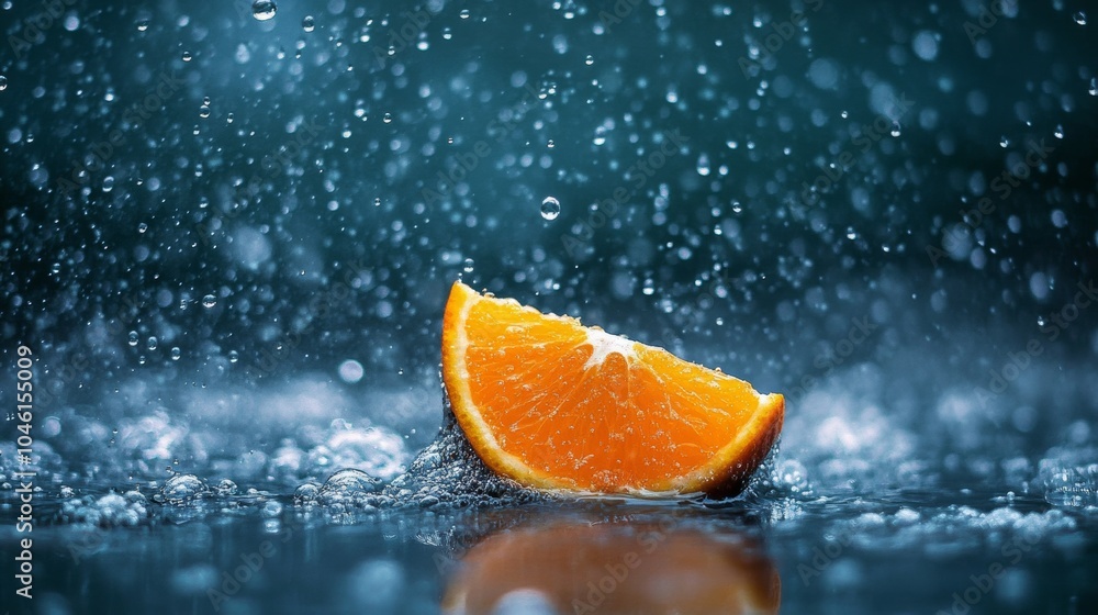 Poster a single orange wedge floating on a pool of water, surrounded by tiny bubbles and droplets, capturin