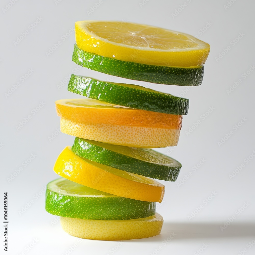 Poster a stack of lemon and lime slices, overlapping in a vibrant display of yellow and green hues, set on 