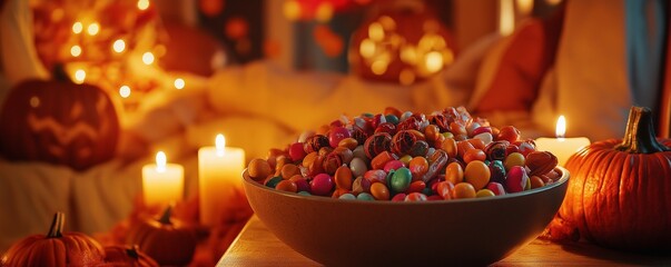 Fototapeta premium Embrace the spirit of Halloween with eerie pumpkin decorations, spooky-themed cakes, and glowing jack-o'-lanterns. These festive essentials bring a touch of magic, thrill to the Halloween celebration.