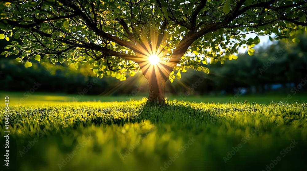 Poster sunlight filtering through leaves of a tree in a lush green field.
