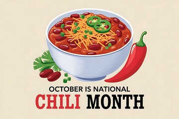 Celebrate National Chili Month with spicy chili bowl and peppers illustration

