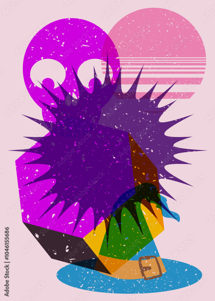 Poster risograph witch hat and skull with geometric shapes. objects in trendy riso graph print texture styl
