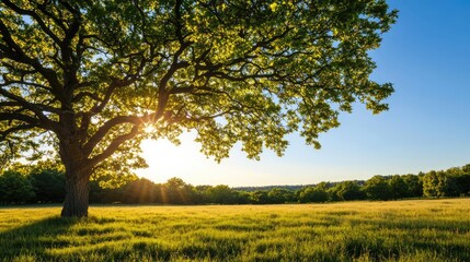 Fototapeta premium Lush green tree with sunlight in an open field, serene nature scene.