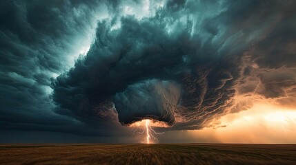 Fototapeta premium Dramatic storm clouds with lightning during sunset over an open landscape.