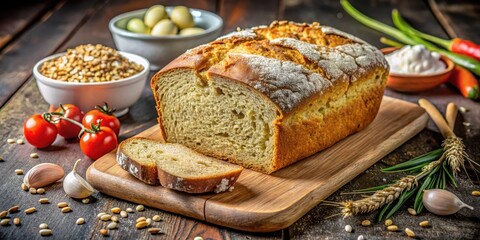 Fototapeta premium A freshly baked loaf of bread, sliced and ready to be enjoyed, sits on a rustic wooden cutting board, surrounded by ingredients like garlic, cherry tomatoes, and wheat stalks.