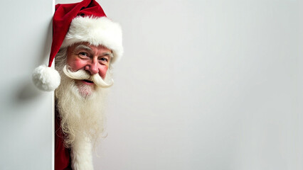 Santa Claus Peeking from Behind the Corner on a Solid White Background, Christmas Cheerful Scene