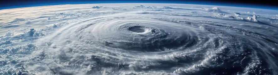 Aerial view of a powerful hurricane swirling over the ocean, dramatic cloud formation.