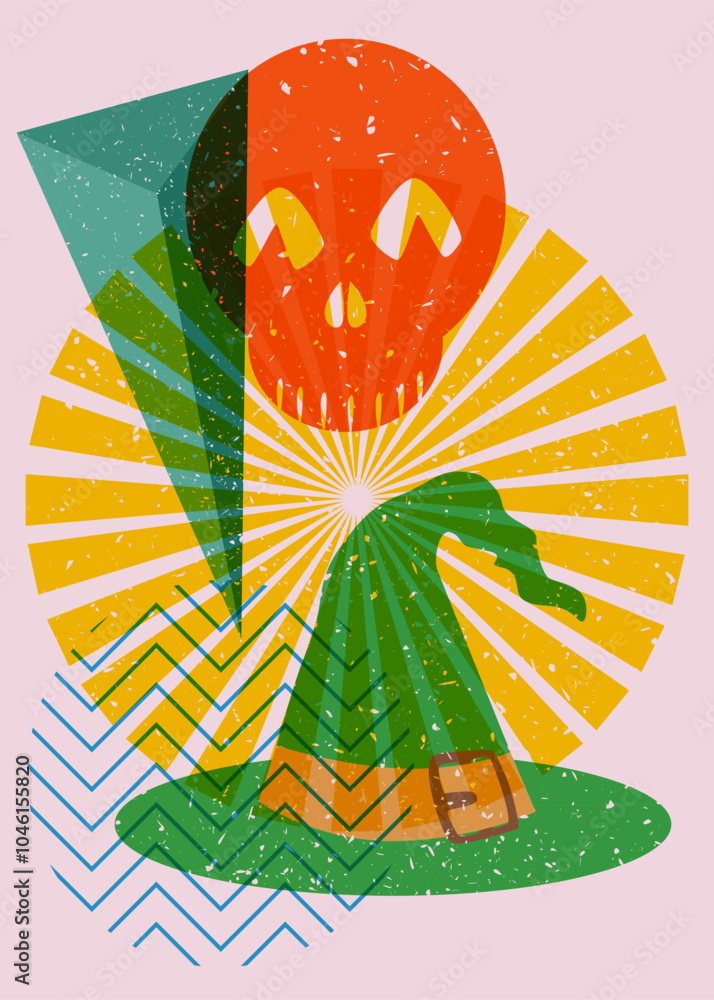 Poster risograph witch hat and skull with geometric shapes. objects in trendy riso graph print texture styl