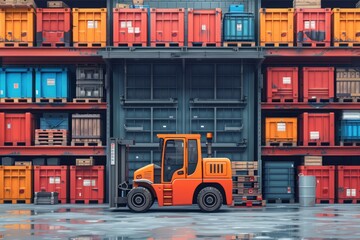 An orange forklift parked in front of a warehouse door with colorful shipping containers stacked on shelves.