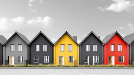 Row of modern houses with vibrant colors and unique architecture in monochrome surroundings