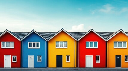 Colorful row of houses with bright exteriors under blue sky