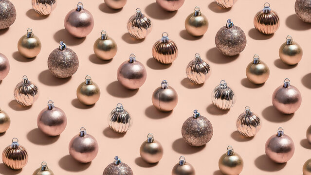 Patr&oacute;n isom&eacute;trico de adornos navide&ntilde;os de &aacute;rbol, color dorado cobrizo
