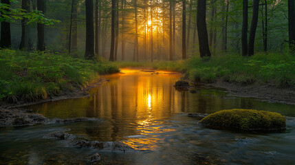 Obraz premium A serene landscape featuring a misty forest at dawn, with sunlight filtering through the trees and illuminating a tranquil river meandering through the scene.