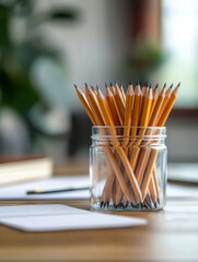 collection of sharpened pencils in a clear jar on a desk