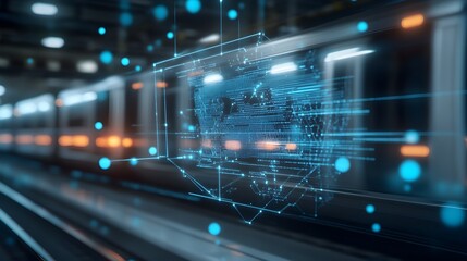 Fototapeta premium Futuristic digital landscape with an interconnected network of data and information visually represented through dynamic lines shapes and glowing elements