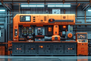 An orange and gray futuristic industrial machine in a sci-fi setting with many panels and buttons.