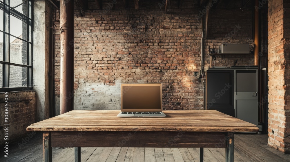 Aufkleber A laptop rests on a wooden table in a loft with exposed brick walls, creating a warm, inviting atmosphere for work or creativity. Generative AI
