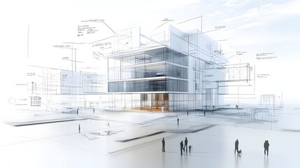 Detailed architectural rendering of a sleek contemporary glass and steel skyscraper facade with a dynamic grid like pattern