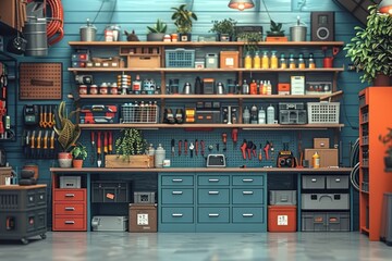 A well-organized garage workshop with tools, shelves, and storage containers.