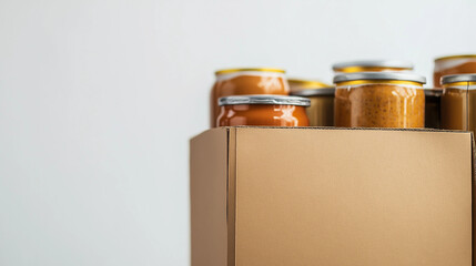 Donation box concept,Glass jars filled with colorful homemade preserves are neatly arranged on a sturdy cardboard box,providing a sustainable storage solution in a minimalistic setting,copy space