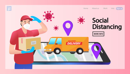 online delivery service. package box with groceries out of mobile screen. Food delivery. distance covid-19