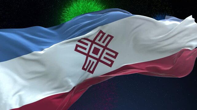 Mari El flag - Waving flag on celebrating fireworks for national holiday day. Ceremony for patriotic celebration of nation 