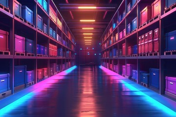 A long, narrow warehouse corridor with shelves stocked with colorful boxes. Neon lights illuminate the space, casting a futuristic glow.
