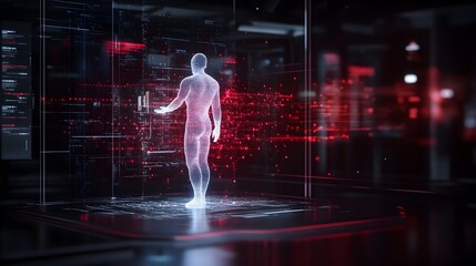 Fototapeta premium Futuristic holographic display showcasing a wireframe humanoid figure gestured in a dynamic neon lit digital environment with abstract data visualization and high tech interface elements