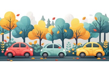 Three cartoon cars driving along a road lined with autumn trees.