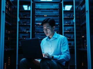 Focused IT Professional Working on a Laptop in a Server Room with Blue Ambient Lighting
