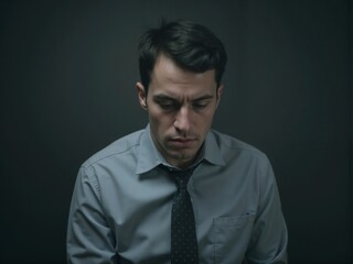 Fototapeta premium Pensive Young Man in Gray Shirt and Tie Against Dark Background