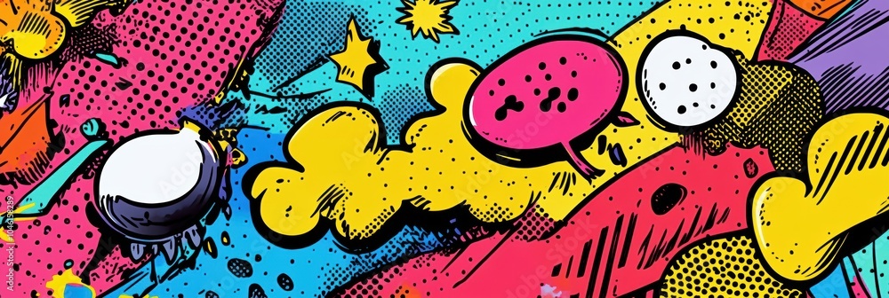 Poster colorful doodles filled with action display fun speech bubbles and bold sound effects, creating a li