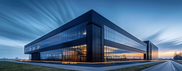 Modern Industrial Warehouse with Glass Windows at Dusk in Poland