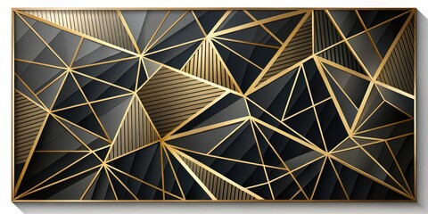 Fototapeta premium Geometric Abstract Artwork Featuring Interlocking Triangles and Stripes in Shades of Black and Gold