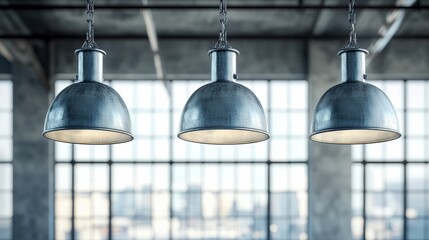 Obraz premium Industrial style pendant lights hanging from a ceiling in a spacious room with large windows.