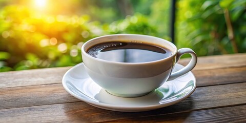 Obraz premium A steaming cup of coffee rests on a wooden table, bathed in warm sunlight filtering through a window with a lush green backdrop.