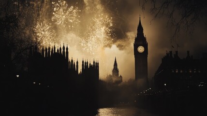Naklejka premium Historic clock tower with fireworks in night sky, illuminating gothic buildings