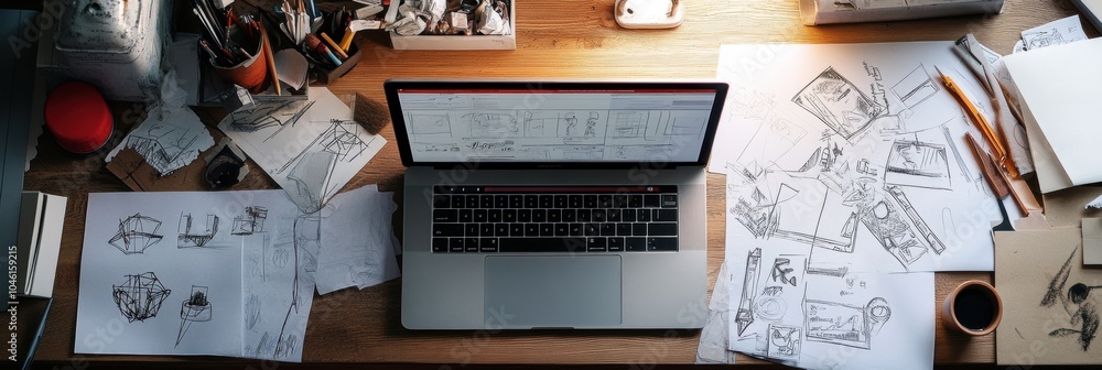 Aufkleber A laptop is placed at a cluttered workspace filled with sketches, notes, and various creative tools, illuminated by afternoon sunlight. Generative AI