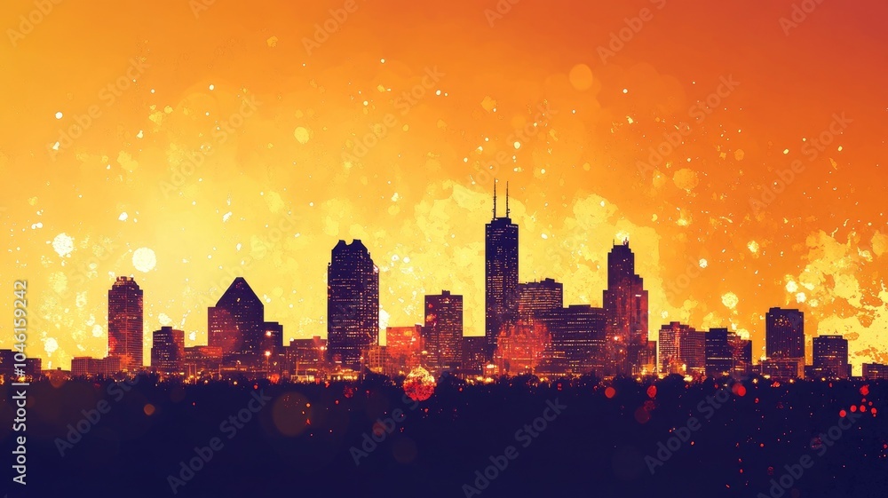 Wall mural silhouette of city skyline against bright, fiery sunset background