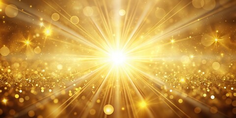 Golden rays of light emanate from a central point, casting a radiant glow upon a field of shimmering particles and soft, blurred circles.